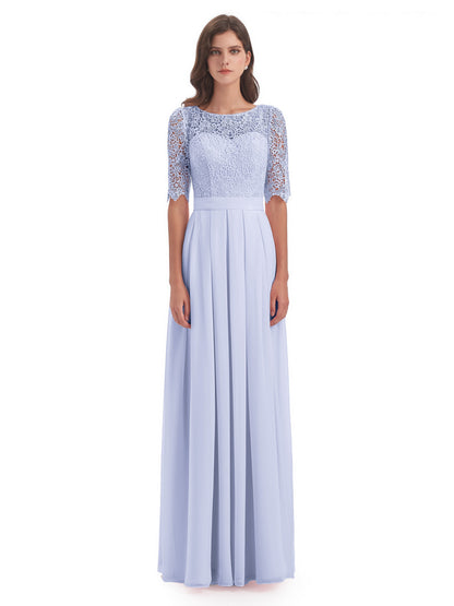 Brielle Illussion Neckline and Back Half Sleeves Scoop Lace Bridesmaid Dresses