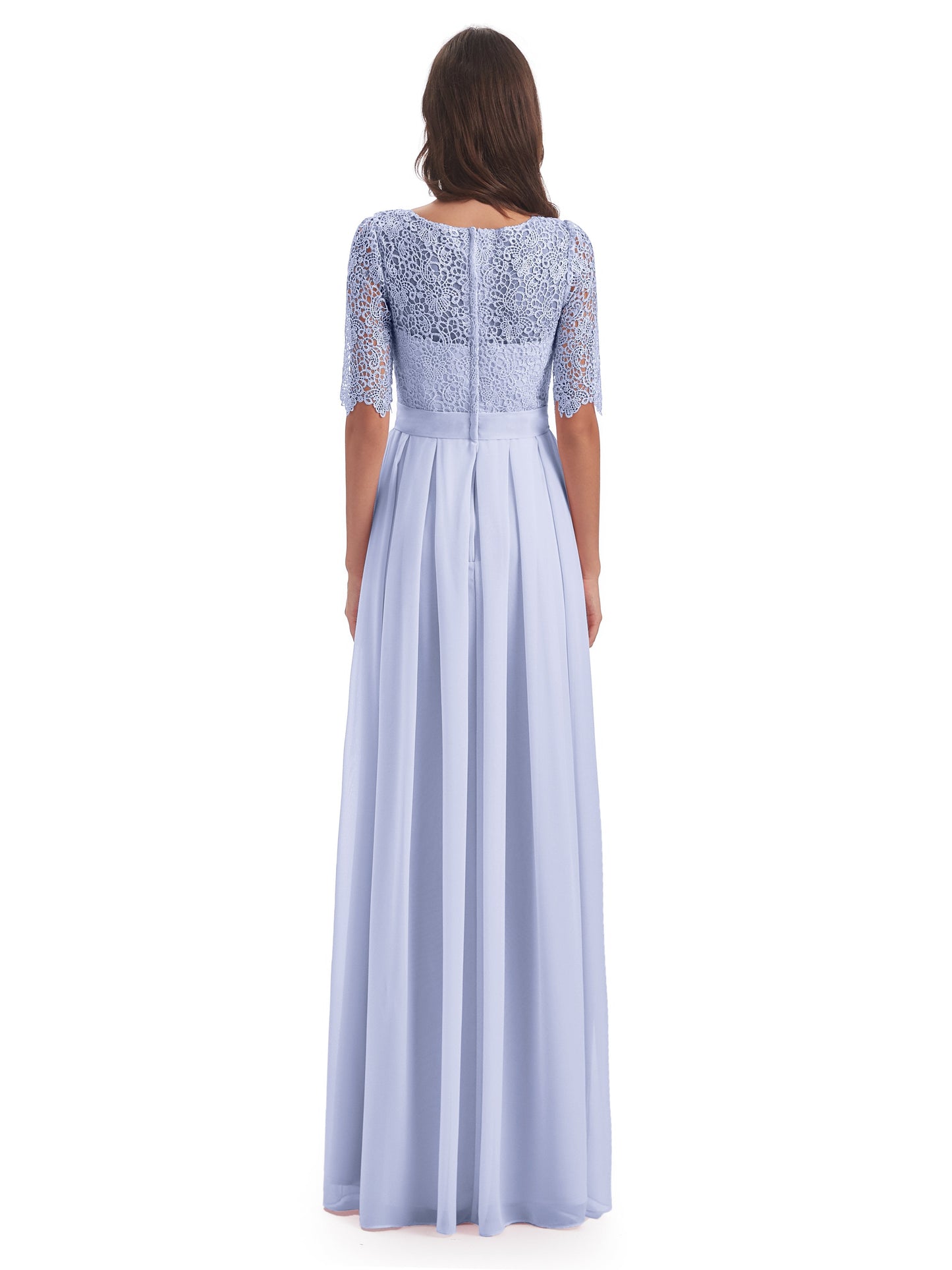 Brielle Illussion Neckline and Back Half Sleeves Scoop Lace Bridesmaid Dresses