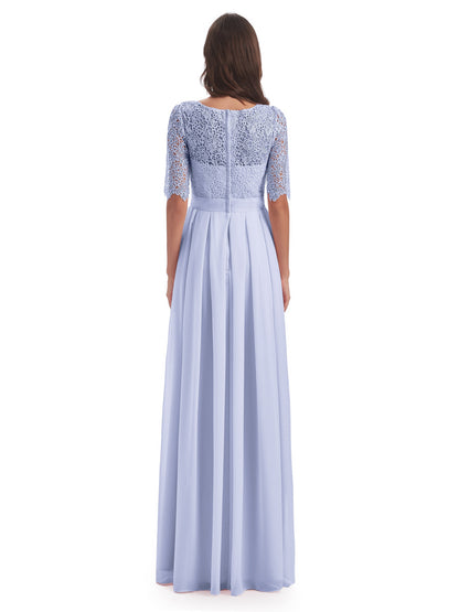 Brielle Illussion Neckline and Back Half Sleeves Scoop Lace Bridesmaid Dresses