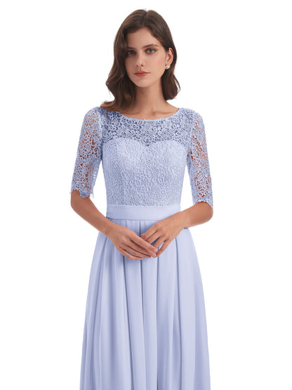 Brielle Illussion Neckline and Back Half Sleeves Scoop Lace Bridesmaid Dresses