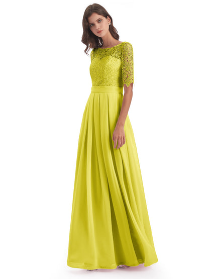 Brielle Illussion Neckline and Back Half Sleeves Scoop Lace Bridesmaid Dresses