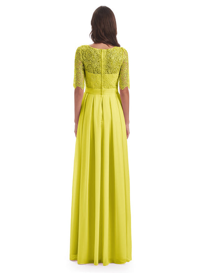 Brielle Illussion Neckline and Back Half Sleeves Scoop Lace Bridesmaid Dresses