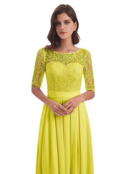 Brielle Illussion Neckline and Back Half Sleeves Scoop Lace Bridesmaid Dresses