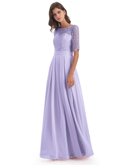 Brielle Illussion Neckline and Back Half Sleeves Scoop Lace Bridesmaid Dresses