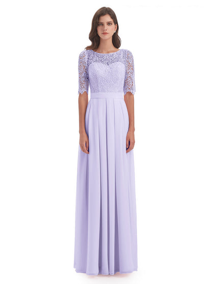 Brielle Illussion Neckline and Back Half Sleeves Scoop Lace Bridesmaid Dresses