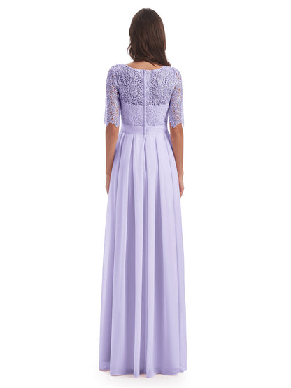 Brielle Illussion Neckline and Back Half Sleeves Scoop Lace Bridesmaid Dresses