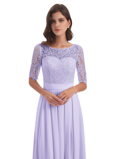 Brielle Illussion Neckline and Back Half Sleeves Scoop Lace Bridesmaid Dresses