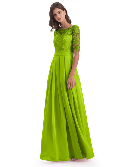 Brielle Illussion Neckline and Back Half Sleeves Scoop Lace Bridesmaid Dresses