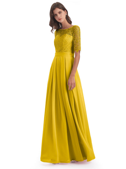 Brielle Illussion Neckline and Back Half Sleeves Scoop Lace Bridesmaid Dresses