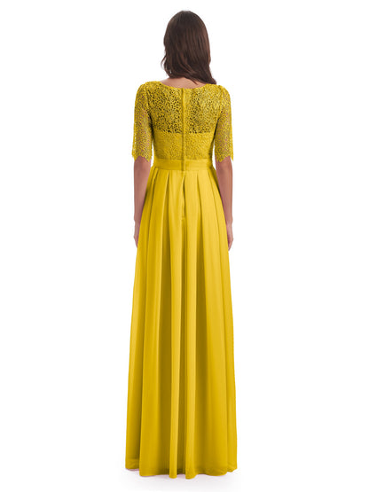 Brielle Illussion Neckline and Back Half Sleeves Scoop Lace Bridesmaid Dresses