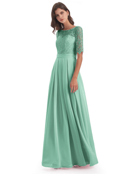 Brielle Illussion Neckline and Back Half Sleeves Scoop Lace Bridesmaid Dresses