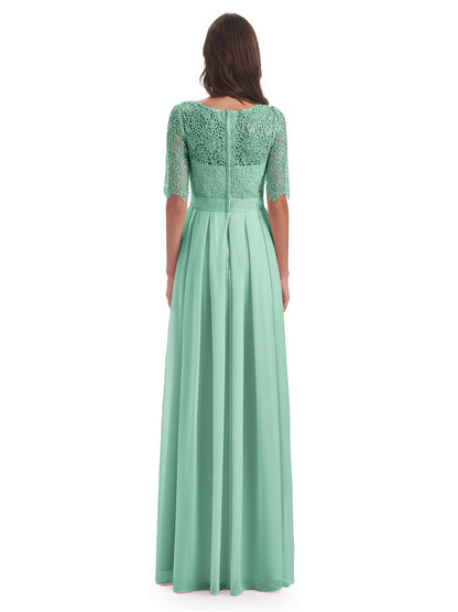 Brielle Illussion Neckline and Back Half Sleeves Scoop Lace Bridesmaid Dresses
