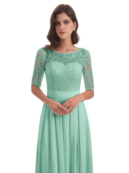 Brielle Illussion Neckline and Back Half Sleeves Scoop Lace Bridesmaid Dresses