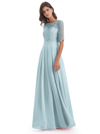 Brielle Illussion Neckline and Back Half Sleeves Scoop Lace Bridesmaid Dresses
