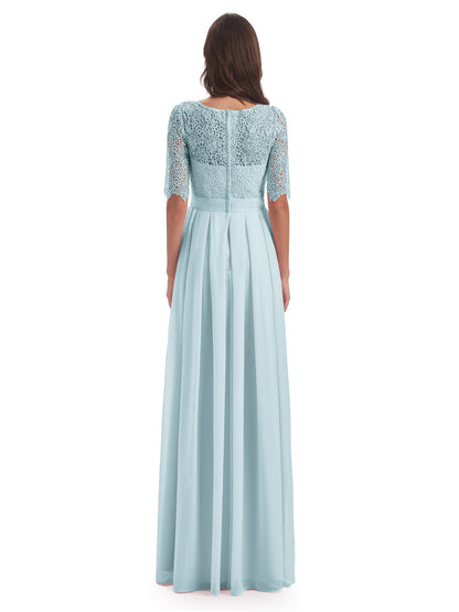 Brielle Illussion Neckline and Back Half Sleeves Scoop Lace Bridesmaid Dresses