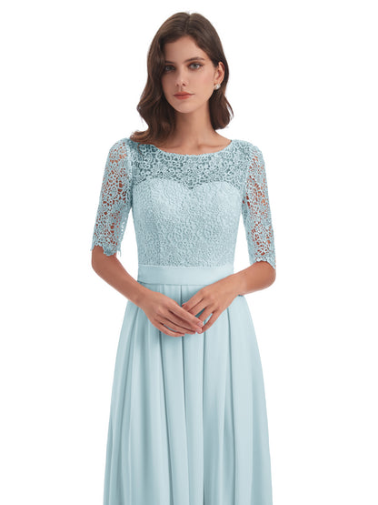 Brielle Illussion Neckline and Back Half Sleeves Scoop Lace Bridesmaid Dresses