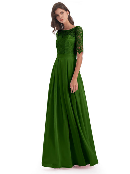 Brielle Illussion Neckline and Back Half Sleeves Scoop Lace Bridesmaid Dresses