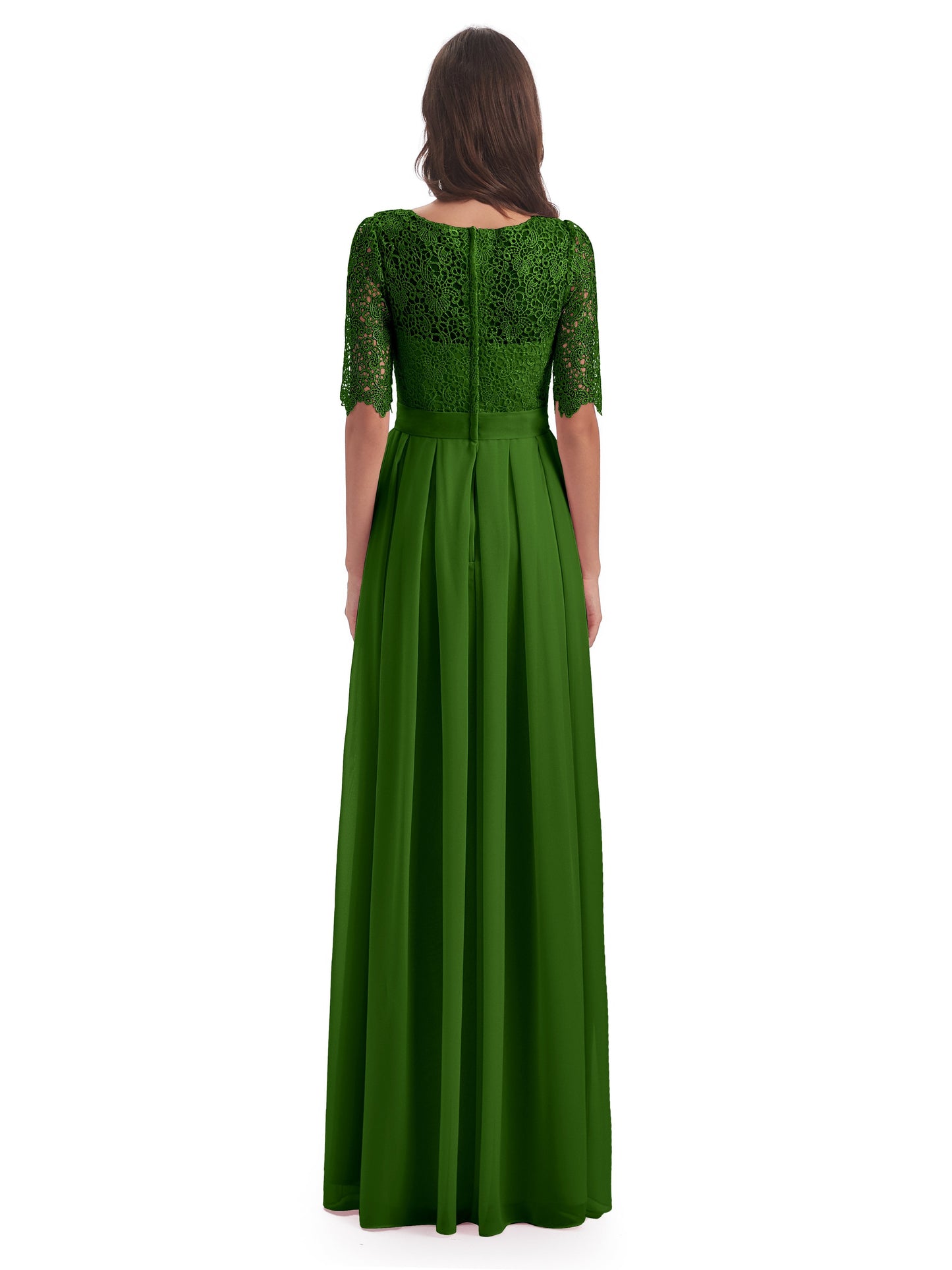 Brielle Illussion Neckline and Back Half Sleeves Scoop Lace Bridesmaid Dresses