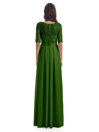Brielle Illussion Neckline and Back Half Sleeves Scoop Lace Bridesmaid Dresses