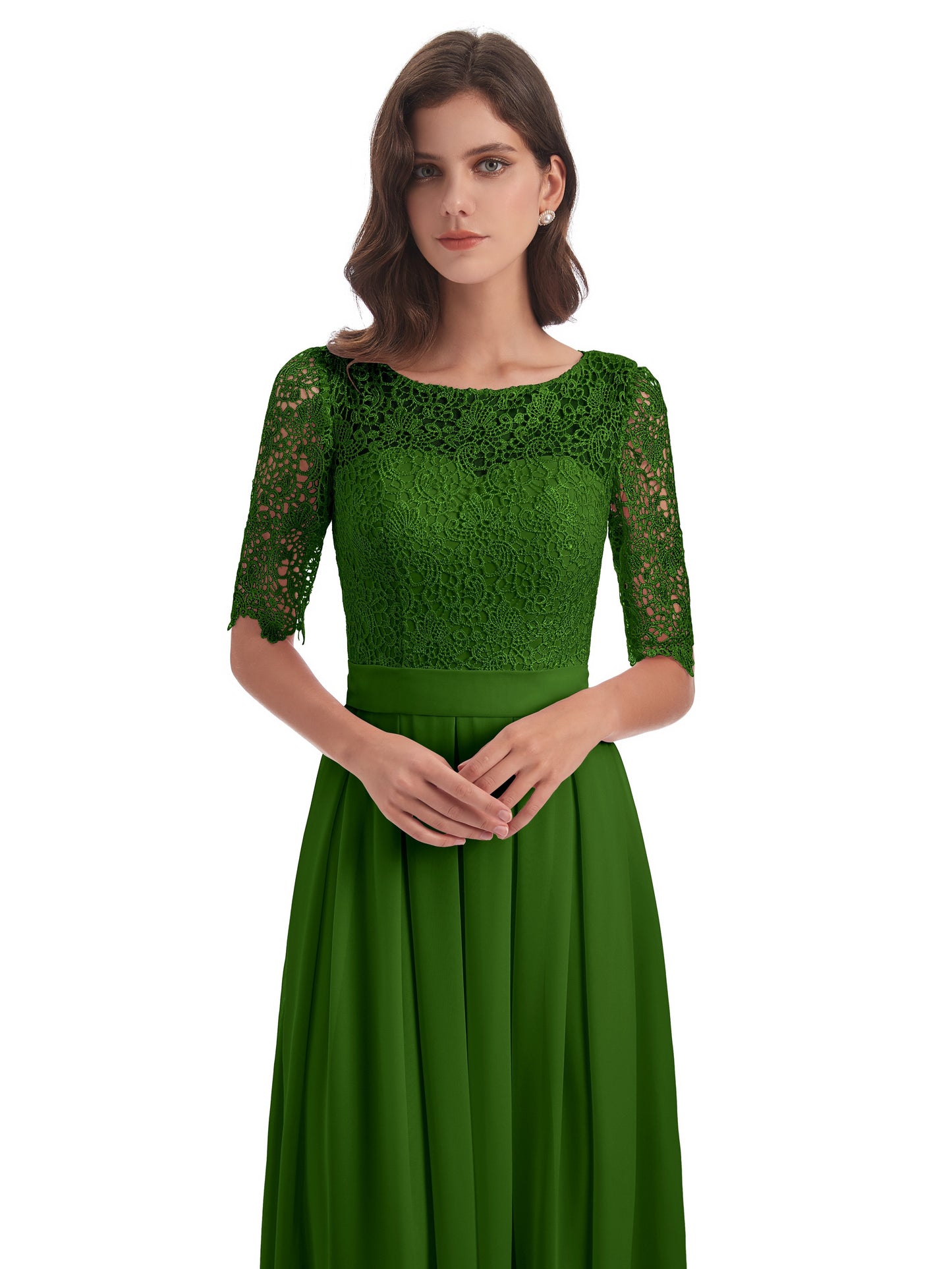 Brielle Illussion Neckline and Back Half Sleeves Scoop Lace Bridesmaid Dresses