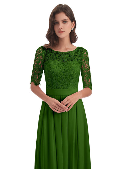 Brielle Illussion Neckline and Back Half Sleeves Scoop Lace Bridesmaid Dresses