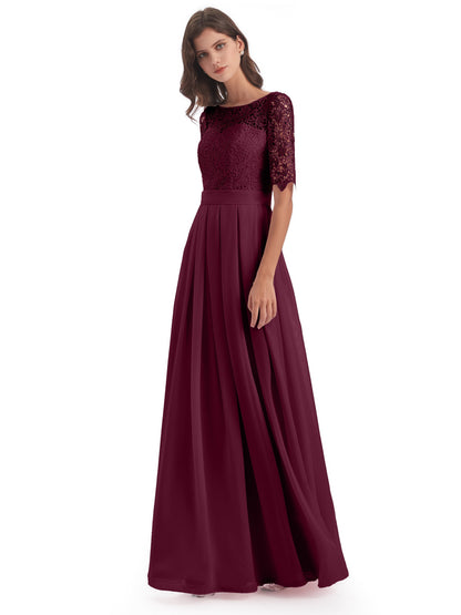 Brielle Illussion Neckline and Back Half Sleeves Scoop Lace Bridesmaid Dresses