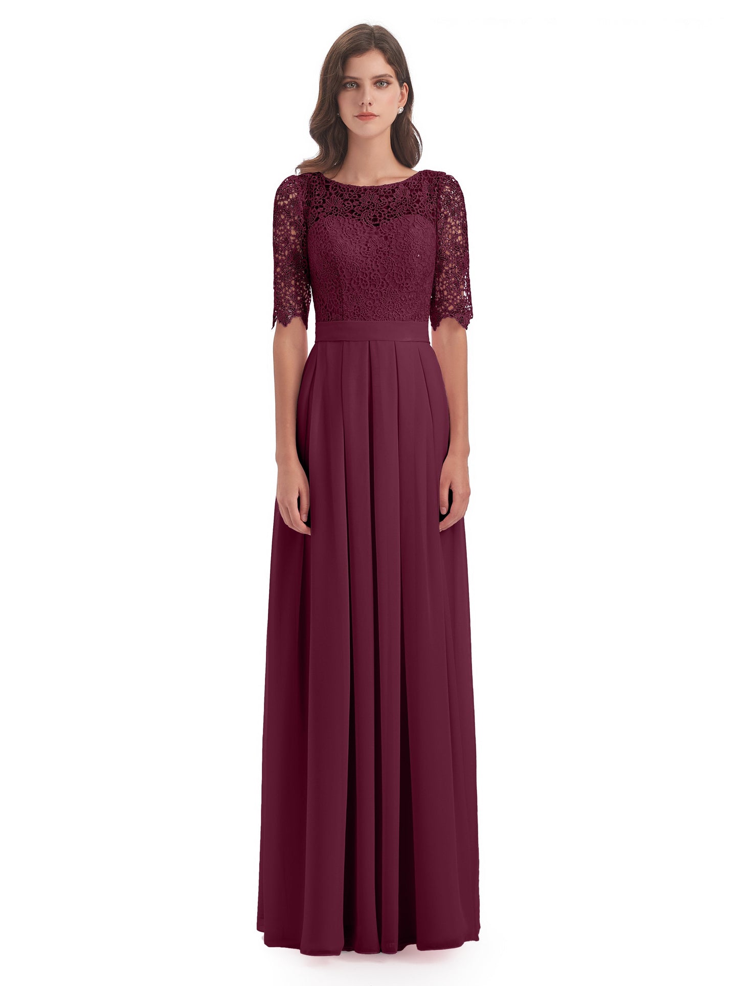 Brielle Illussion Neckline and Back Half Sleeves Scoop Lace Bridesmaid Dresses