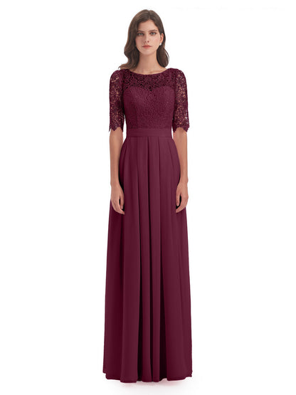 Brielle Illussion Neckline and Back Half Sleeves Scoop Lace Bridesmaid Dresses