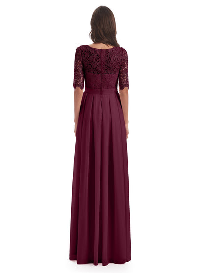 Brielle Illussion Neckline and Back Half Sleeves Scoop Lace Bridesmaid Dresses