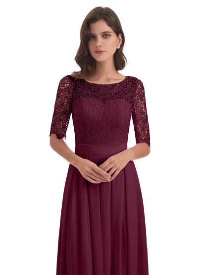 Brielle Illussion Neckline and Back Half Sleeves Scoop Lace Bridesmaid Dresses