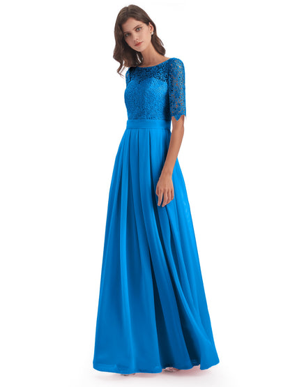 Brielle Illussion Neckline and Back Half Sleeves Scoop Lace Bridesmaid Dresses