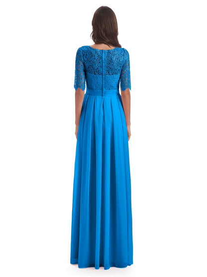 Brielle Illussion Neckline and Back Half Sleeves Scoop Lace Bridesmaid Dresses