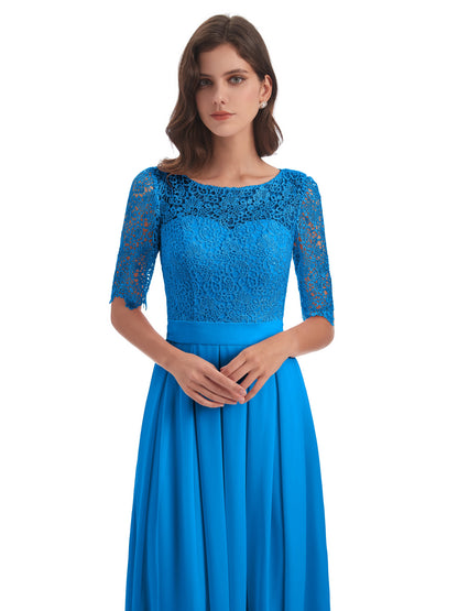 Brielle Illussion Neckline and Back Half Sleeves Scoop Lace Bridesmaid Dresses