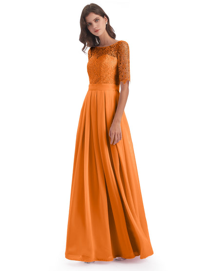 Brielle Illussion Neckline and Back Half Sleeves Scoop Lace Bridesmaid Dresses