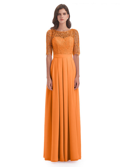 Brielle Illussion Neckline and Back Half Sleeves Scoop Lace Bridesmaid Dresses