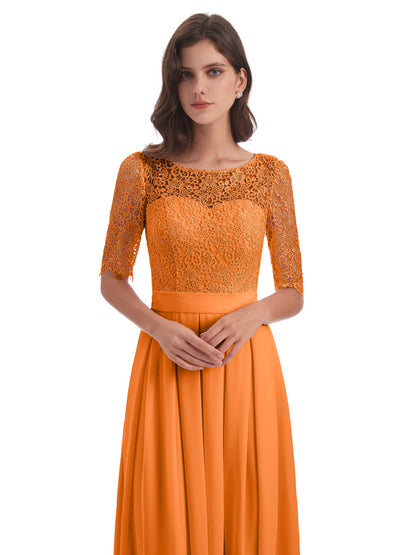Brielle Illussion Neckline and Back Half Sleeves Scoop Lace Bridesmaid Dresses