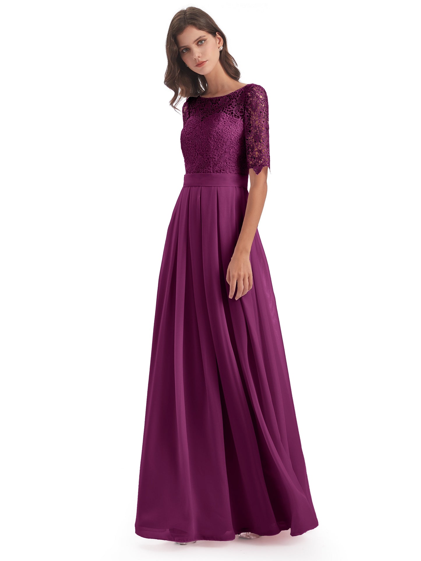 Brielle Illussion Neckline and Back Half Sleeves Scoop Lace Bridesmaid Dresses