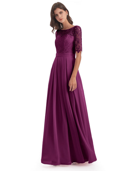 Brielle Illussion Neckline and Back Half Sleeves Scoop Lace Bridesmaid Dresses