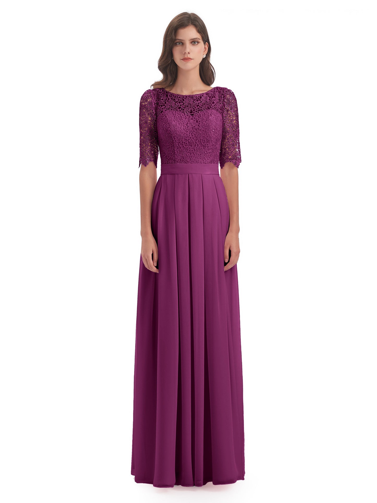 Brielle Illussion Neckline and Back Half Sleeves Scoop Lace Bridesmaid Dresses