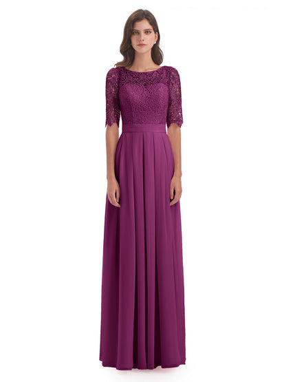 Brielle Illussion Neckline and Back Half Sleeves Scoop Lace Bridesmaid Dresses