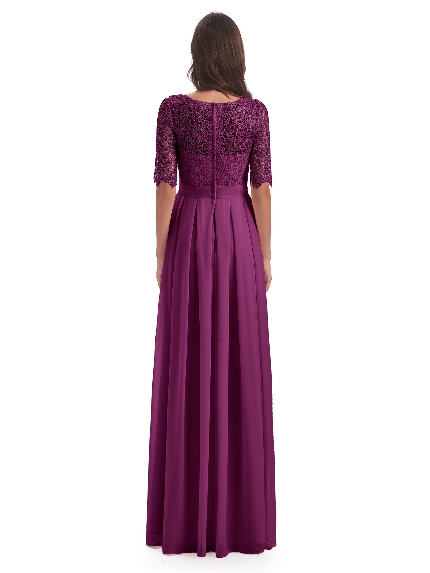 Brielle Illussion Neckline and Back Half Sleeves Scoop Lace Bridesmaid Dresses