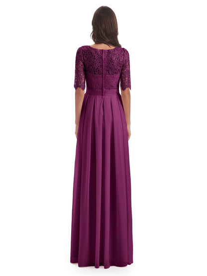 Brielle Illussion Neckline and Back Half Sleeves Scoop Lace Bridesmaid Dresses