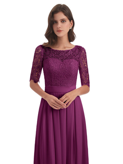 Brielle Illussion Neckline and Back Half Sleeves Scoop Lace Bridesmaid Dresses