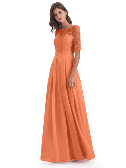 Brielle Illussion Neckline and Back Half Sleeves Scoop Lace Bridesmaid Dresses
