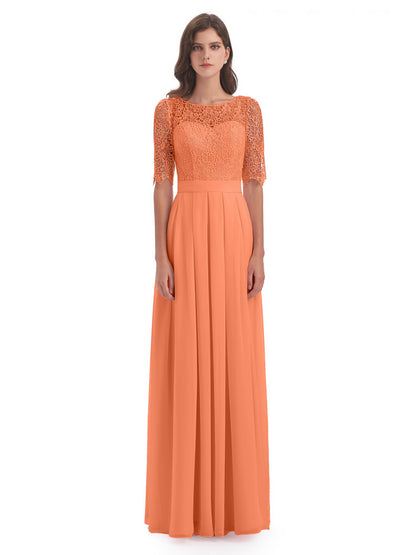 Brielle Illussion Neckline and Back Half Sleeves Scoop Lace Bridesmaid Dresses