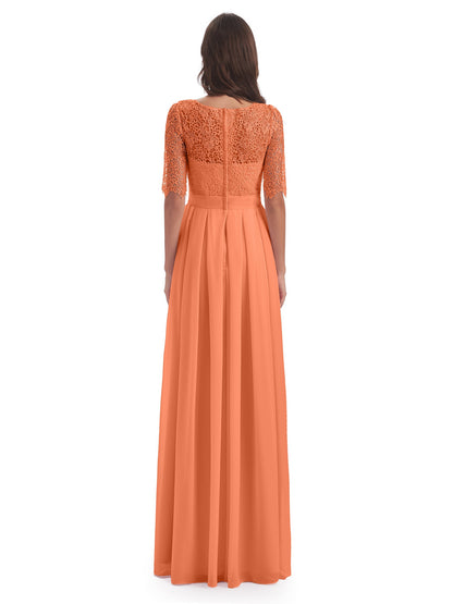 Brielle Illussion Neckline and Back Half Sleeves Scoop Lace Bridesmaid Dresses