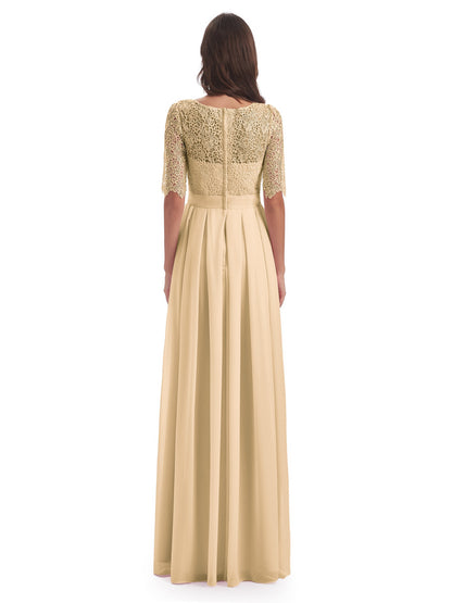 Brielle Illussion Neckline and Back Half Sleeves Scoop Lace Bridesmaid Dresses