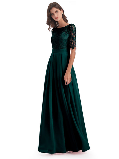 Brielle Illussion Neckline and Back Half Sleeves Scoop Lace Bridesmaid Dresses