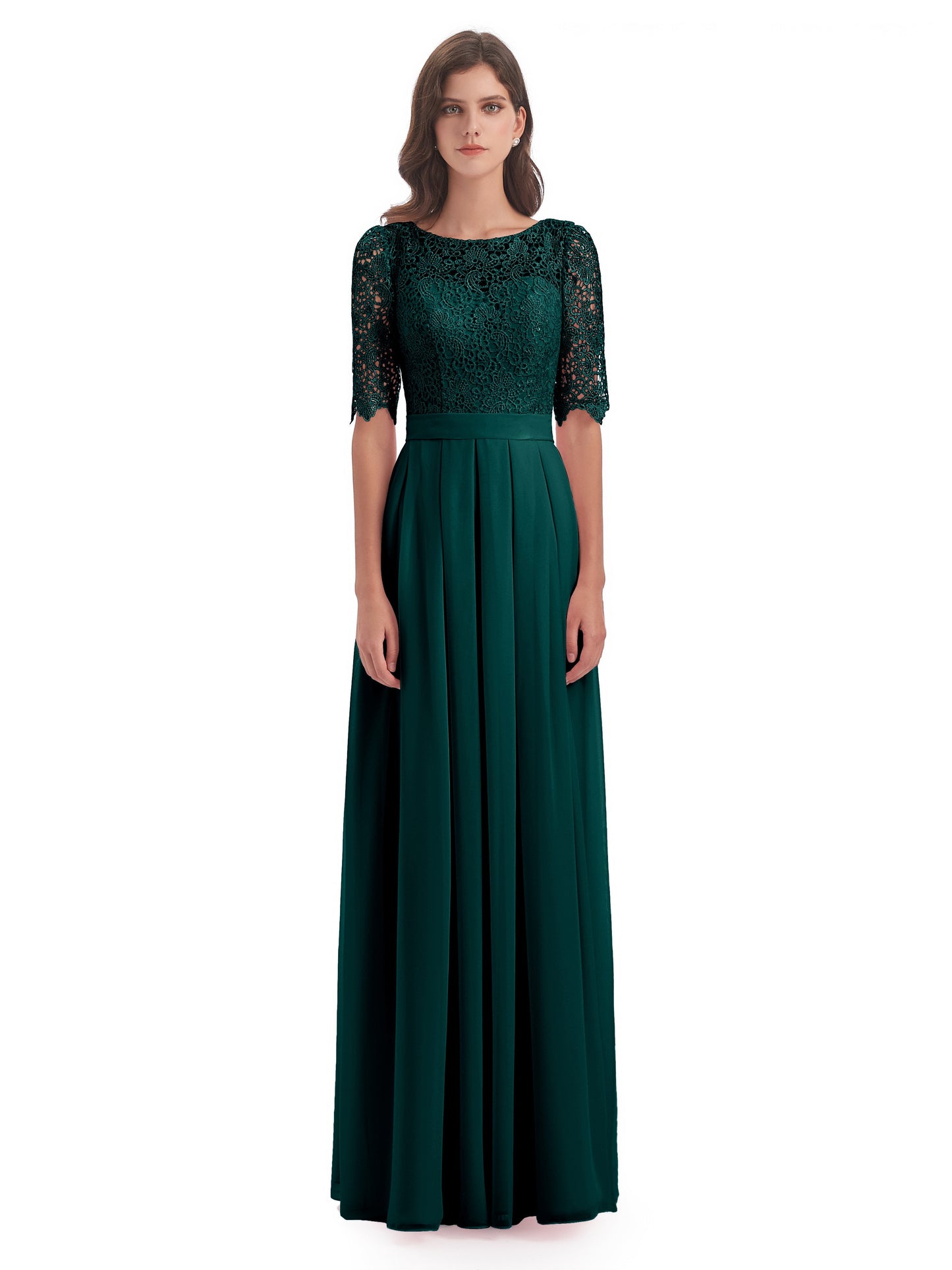 Brielle Illussion Neckline and Back Half Sleeves Scoop Lace Bridesmaid Dresses