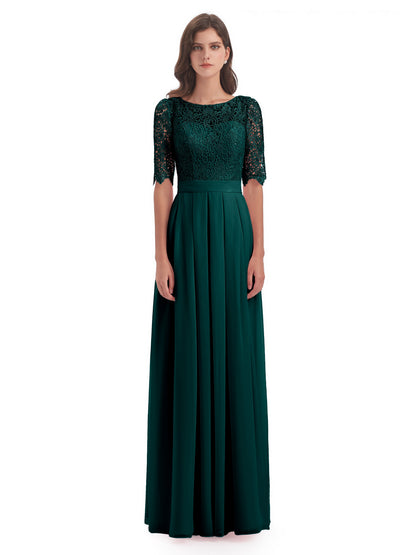 Brielle Illussion Neckline and Back Half Sleeves Scoop Lace Bridesmaid Dresses